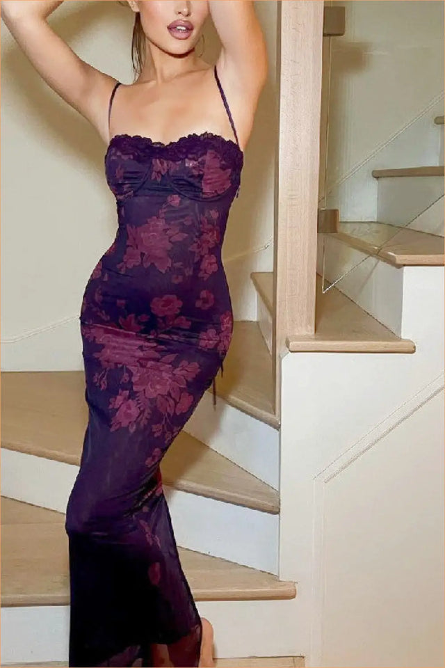 Floral Mesh Maxi Dress with Lace Trim