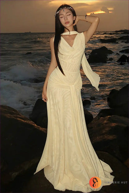 Backless Gauzy Maxi Dress with Cowl Neck - Evening Elegance