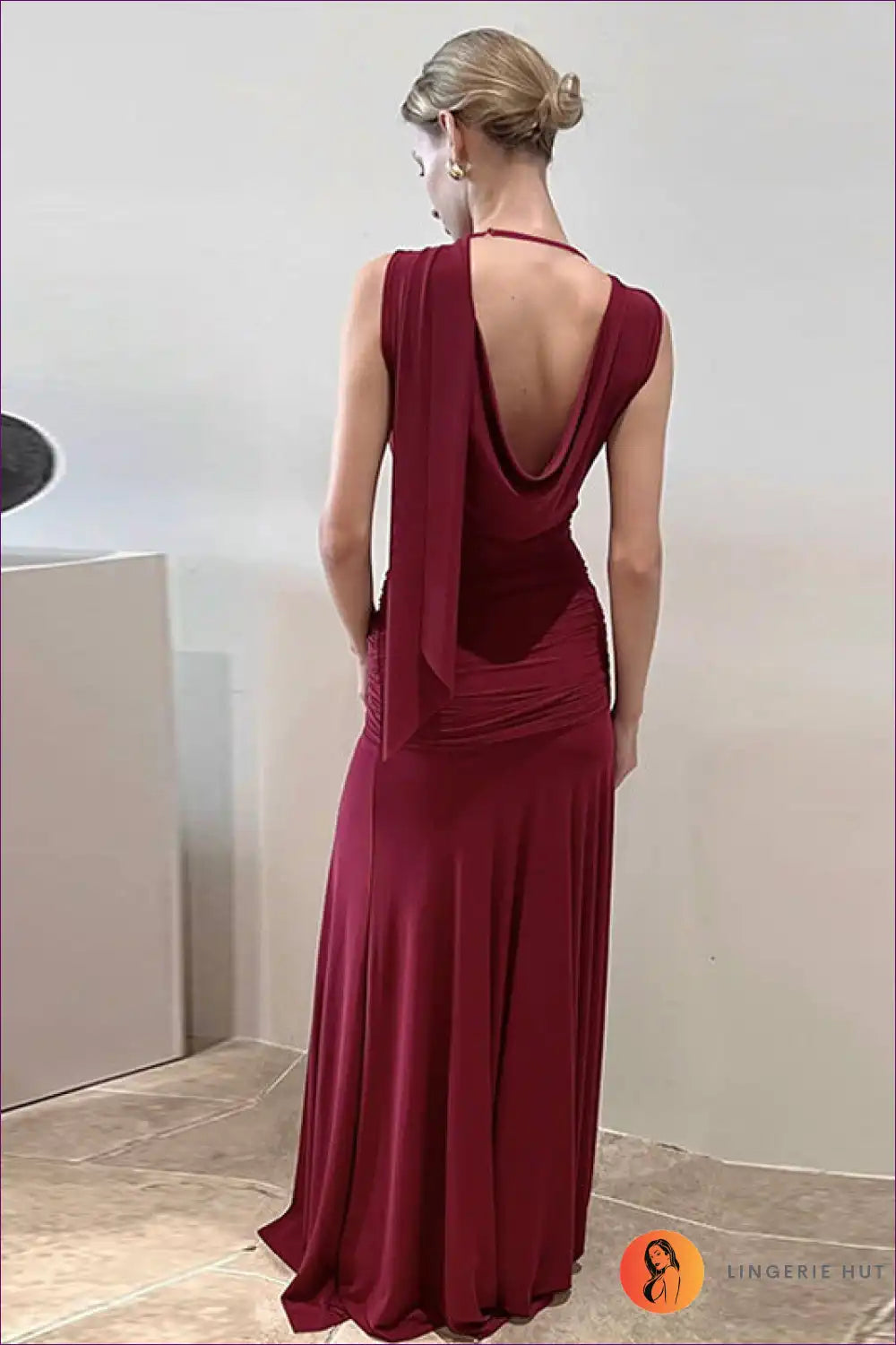 Backless Gauzy Maxi Dress with Cowl Neck - Evening Elegance