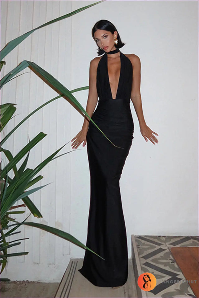 Backless Halter Maxi Dress with Side Split - After-Dark Ease