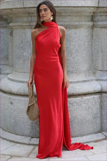 Backless Halter Maxi Satin Dress for Formal Evenings - Bare Elegance a Line, Backless, Evening Wear, Formal