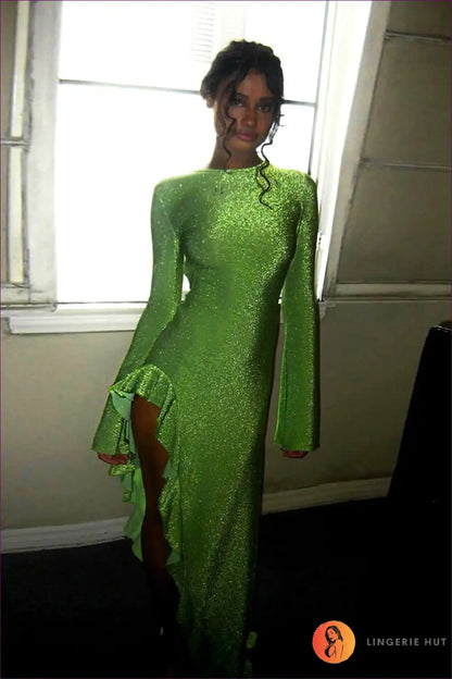 Backless High-slit Maxi Dress with Long Sleeves - Bold Evening Drama for Backless, Date Night, Evening Wear,