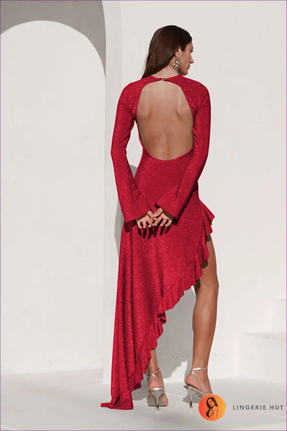 Backless High-slit Maxi Dress with Long Sleeves - Bold Evening Drama for Backless, Date Night, Evening Wear,