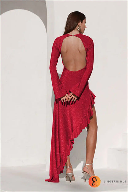 Backless High-slit Maxi Dress with Long Sleeves - Bold Evening Drama for Backless, Date Night, Evening Wear,
