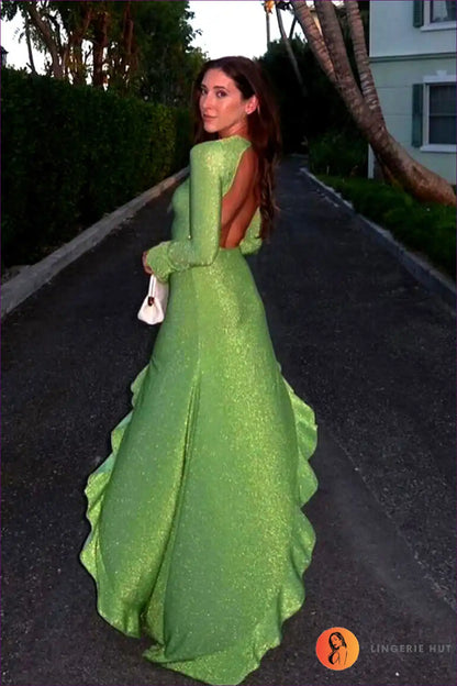 Backless High-slit Maxi Dress with Long Sleeves - Bold Evening Drama for Backless, Date Night, Evening Wear,