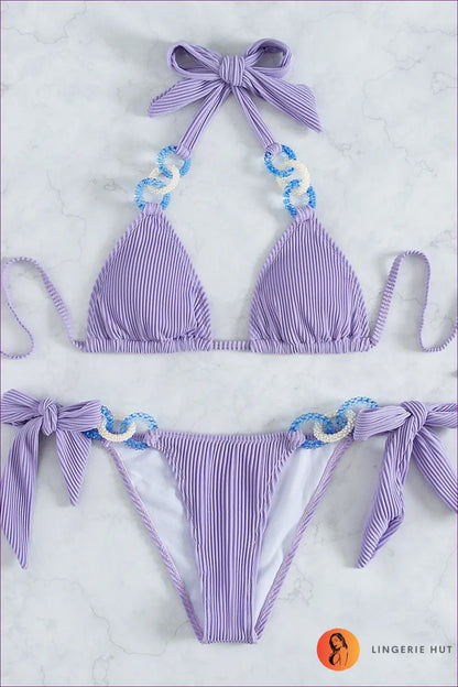 Backless Lace-up Halter Bikini - Effortless Boho Beach Energy - s / Purple - Swimwear - Lingerie Hut - Backless