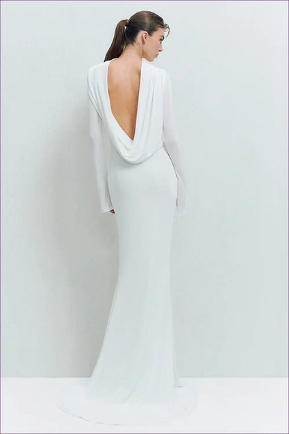 Backless Maxi Dress with Draped Cowl and Pleated Detailing for Backless, Evening Wear, Formal Glamour,