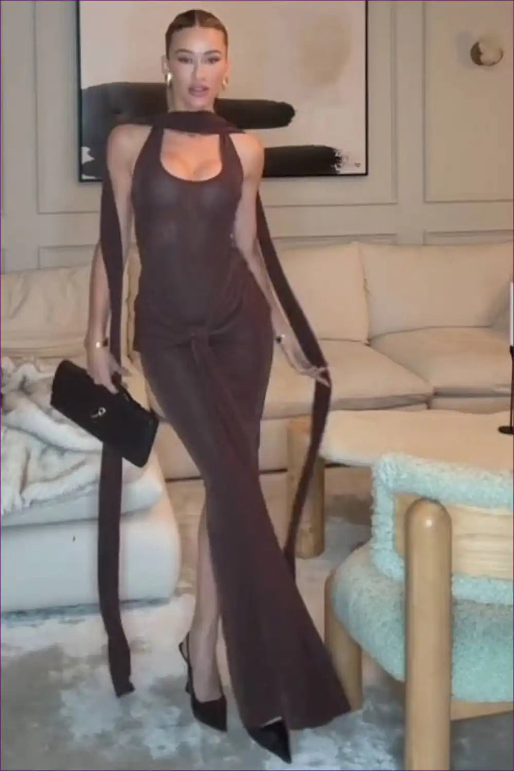 Backless Maxi Dress with Scarf Tie Detail Formal Statement for Backless, Bodycon, Formal Wear, Halter,