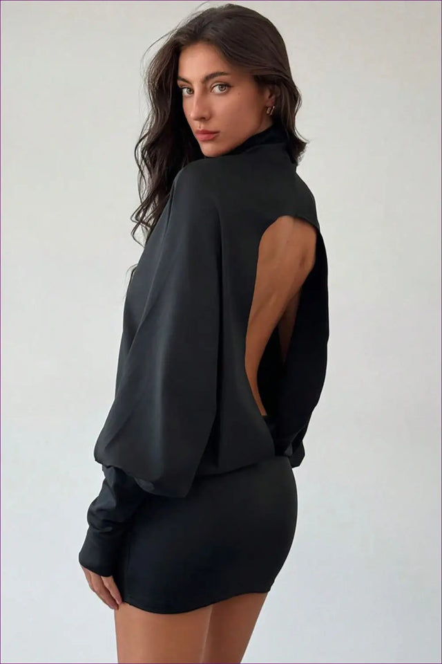 Backless Mini Dress with Draped Sleeves - Effortless Modernity