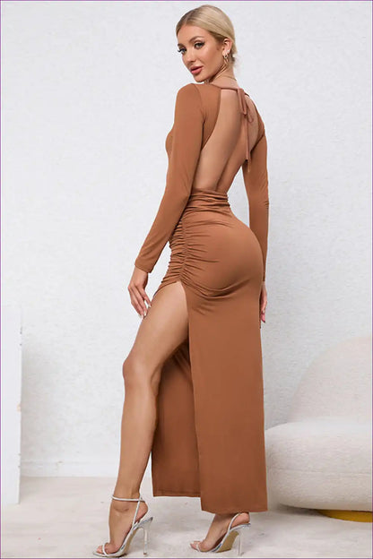 Backless Ruched Bodycon Midi Dress with High Slit