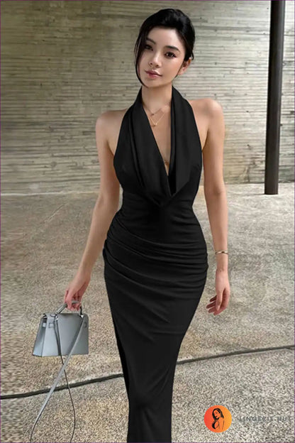 Backless Ruched Halter Maxi Dress with Cowl Neckline Detail for Backless, Date Night, Evening Wear, Formal