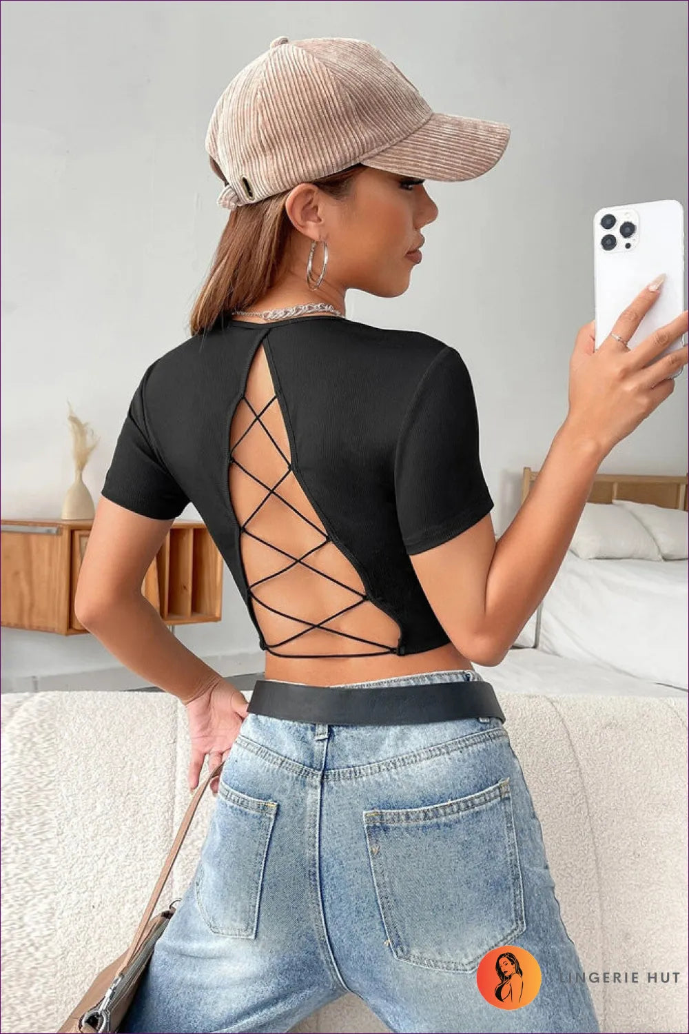 Elevate Your Style With Our Backless Short Sleeve Top. Scoop Neckline, Strappy Backless Design, And Versatile