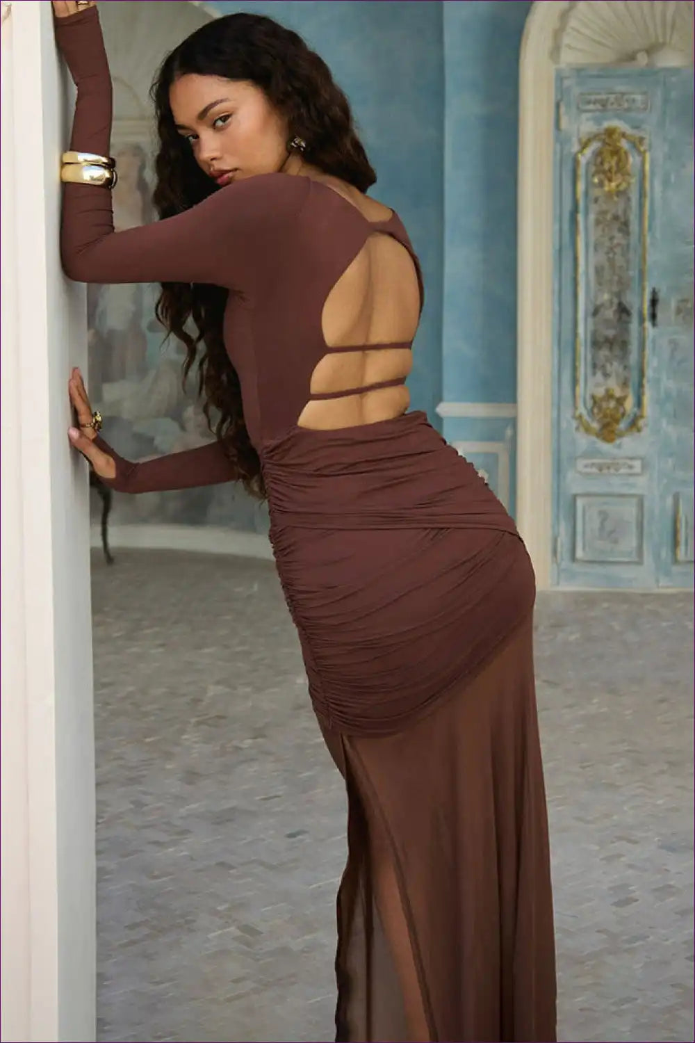 Backless Voile Maxi Dress with Ruched Split Party Detail for Backless, Bodycon, Clubwear, just In,