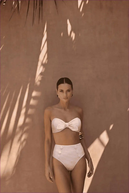 Bandeau Bikini with Button-trim High-waist Bottoms - Chic Poolside - Swimwear - Beachwear • High Waisted