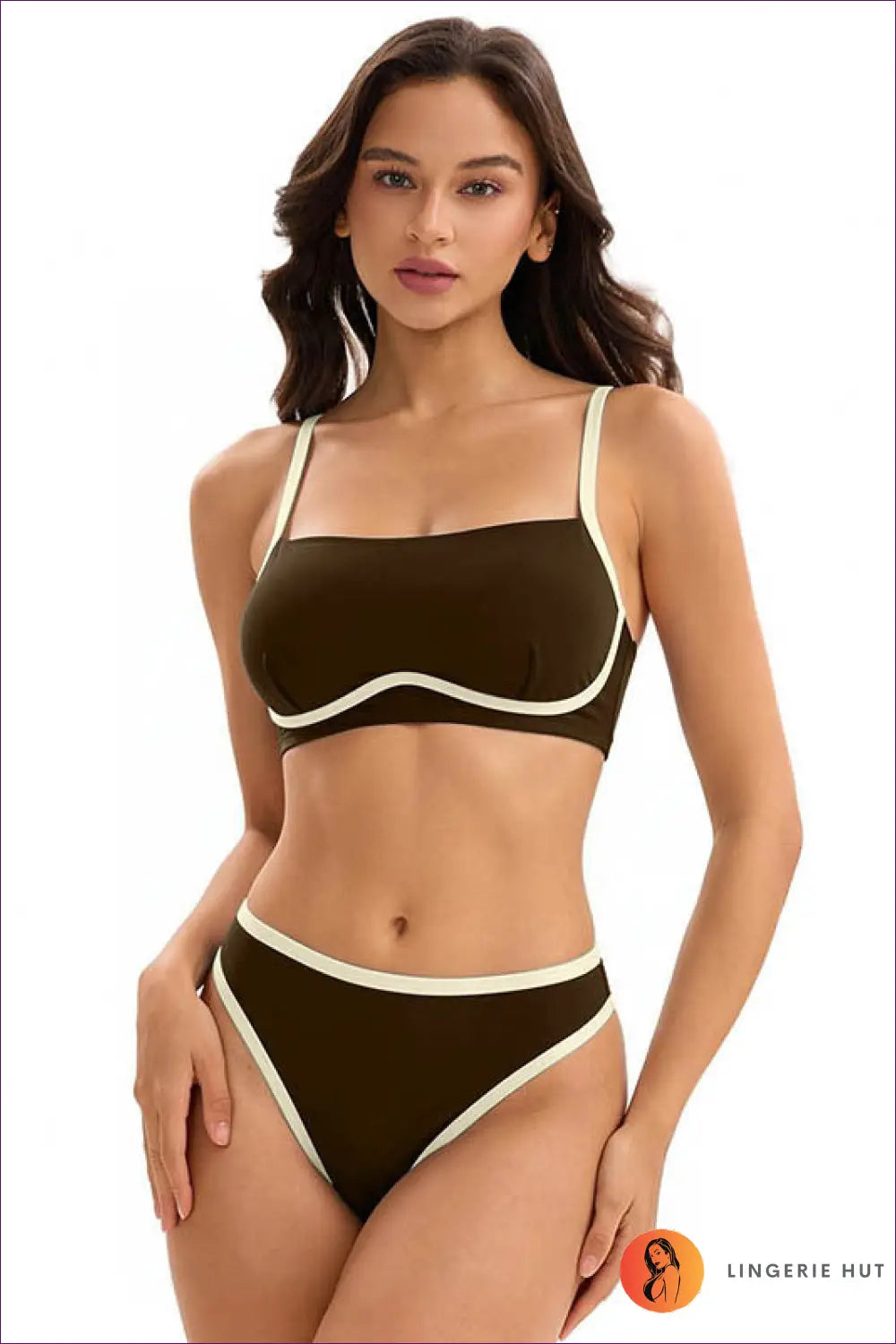 Bandeau Bikini with Contrast Trim - Clean Line Basics - s / Coffee Color - Swimwear - Beachwear • just in • Sexy