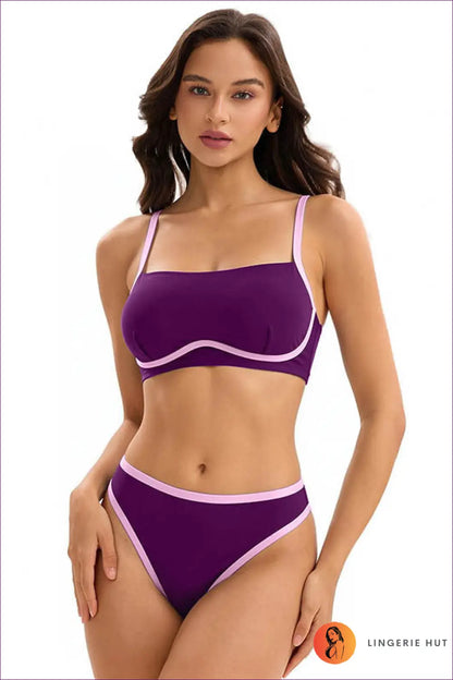 Bandeau Bikini with Contrast Trim - Clean Line Basics - s / Purple - Swimwear - Beachwear • just in • Sexy • Summer