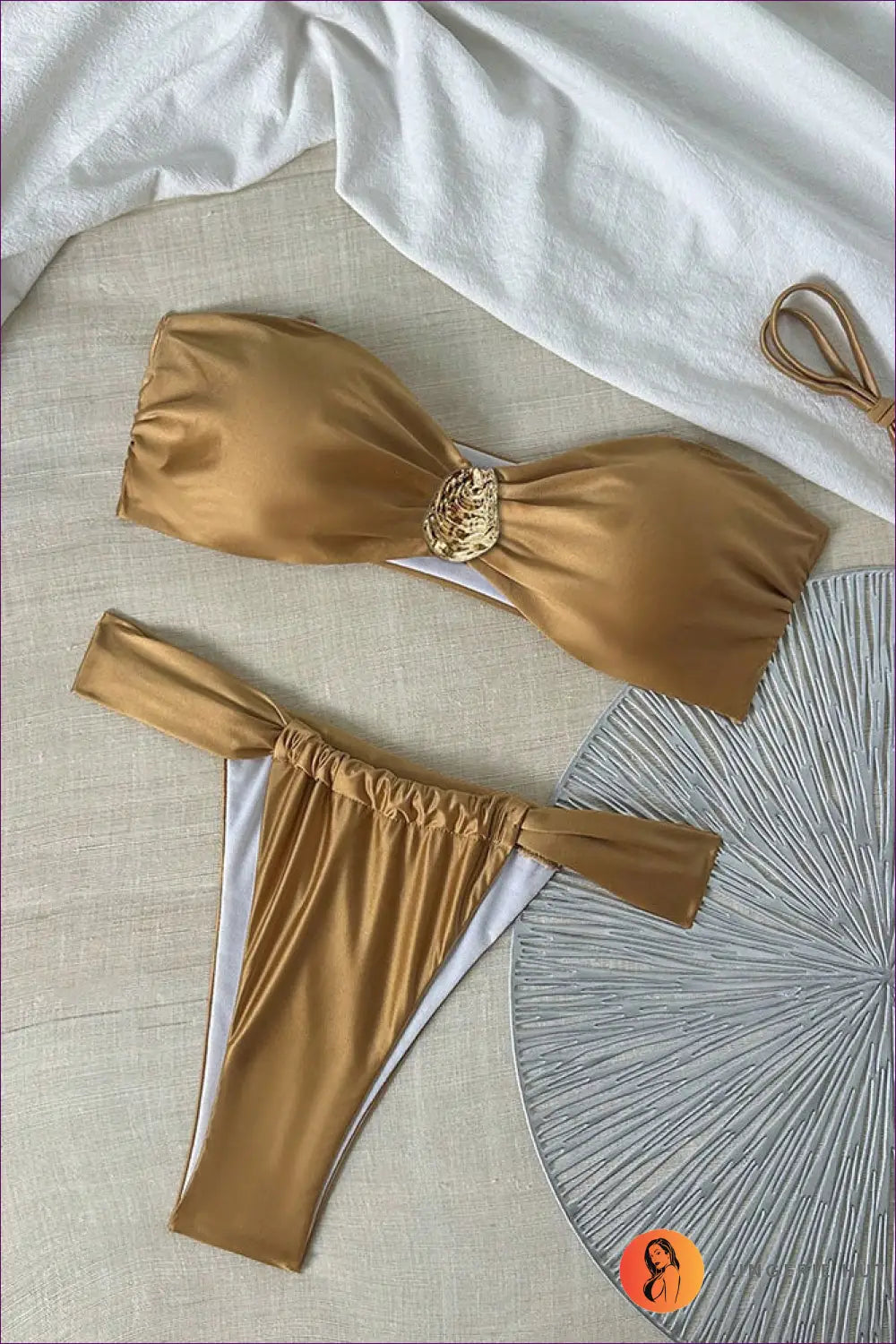 Bandeau Bikini with Gold Ring Detail - Holiday Evening Essential - s / Khaki - Lingerie Hut - Beachwear • Casual