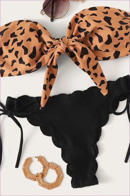 Bandeau Bikini Set with Animal Print and Scallop Trim Bottoms for Animal, Beachwear, Bikini, Casual,