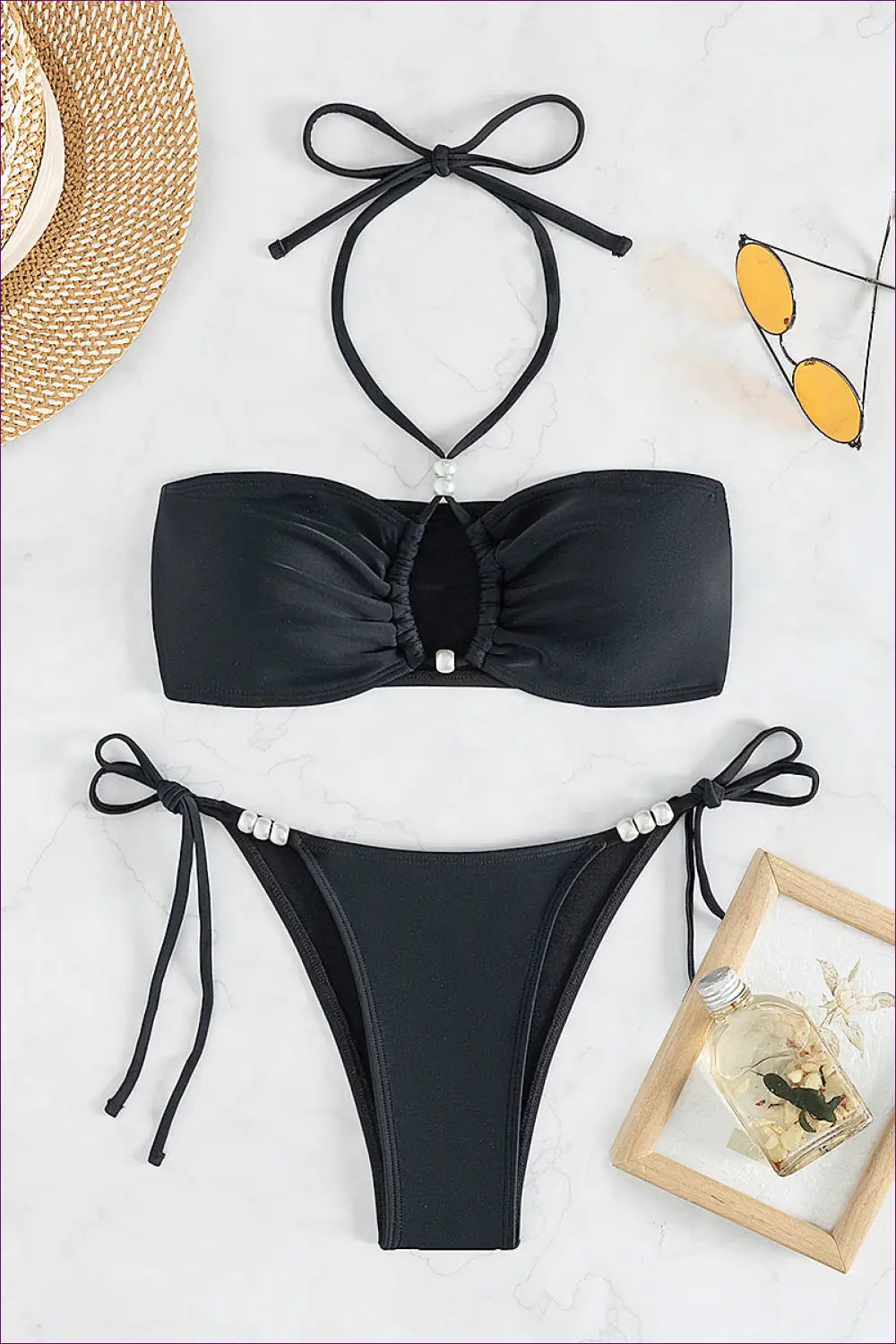 Bandeau Bikini Set with Pearl Accents - Poolside Glamour - Lingerie Hut - Beachwear • Casual • Party