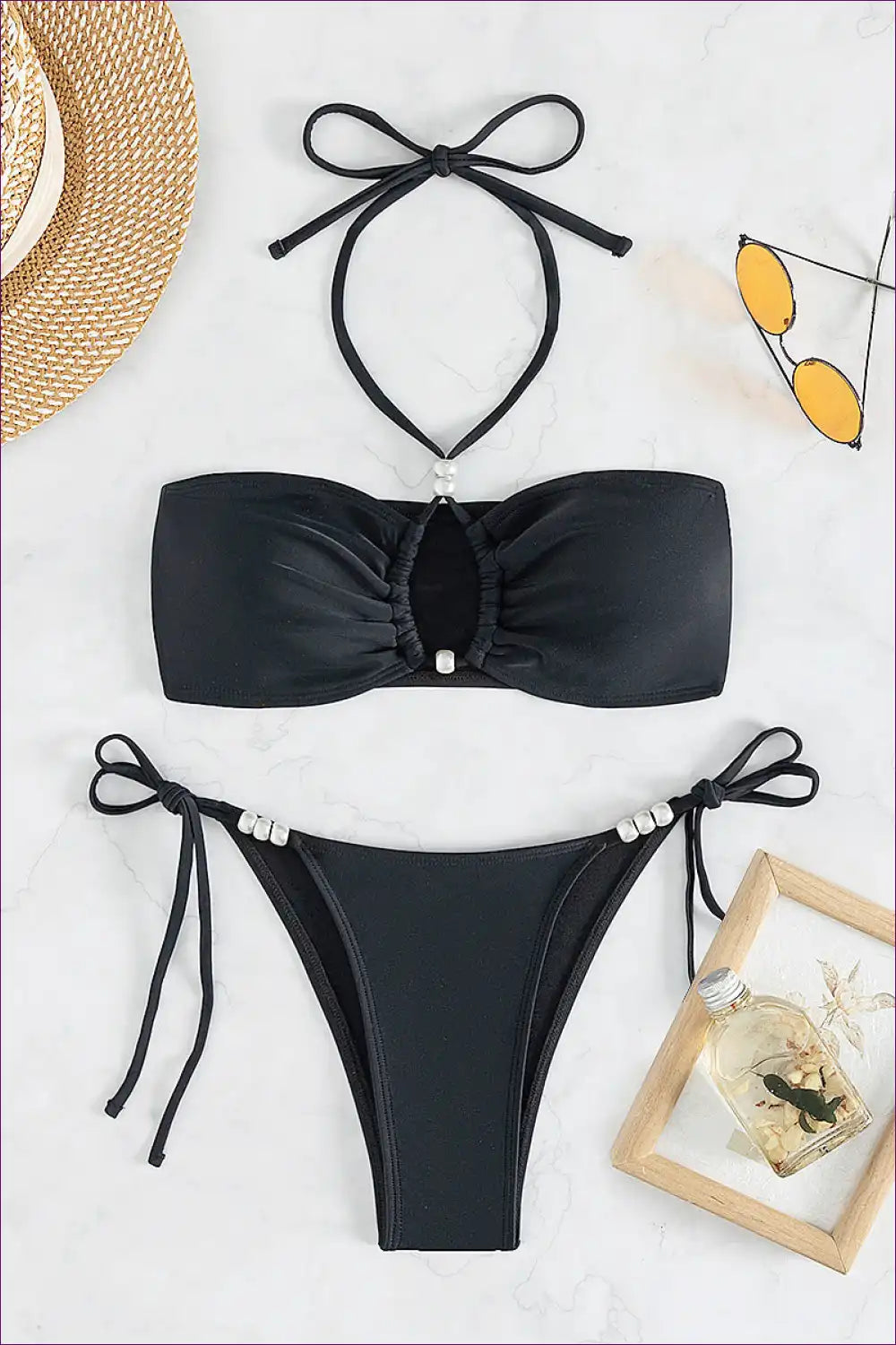 Bandeau Bikini Set with Pearl Bead Accents and Tie Sides for Beachwear, Bikini, Casual, just In, Summer