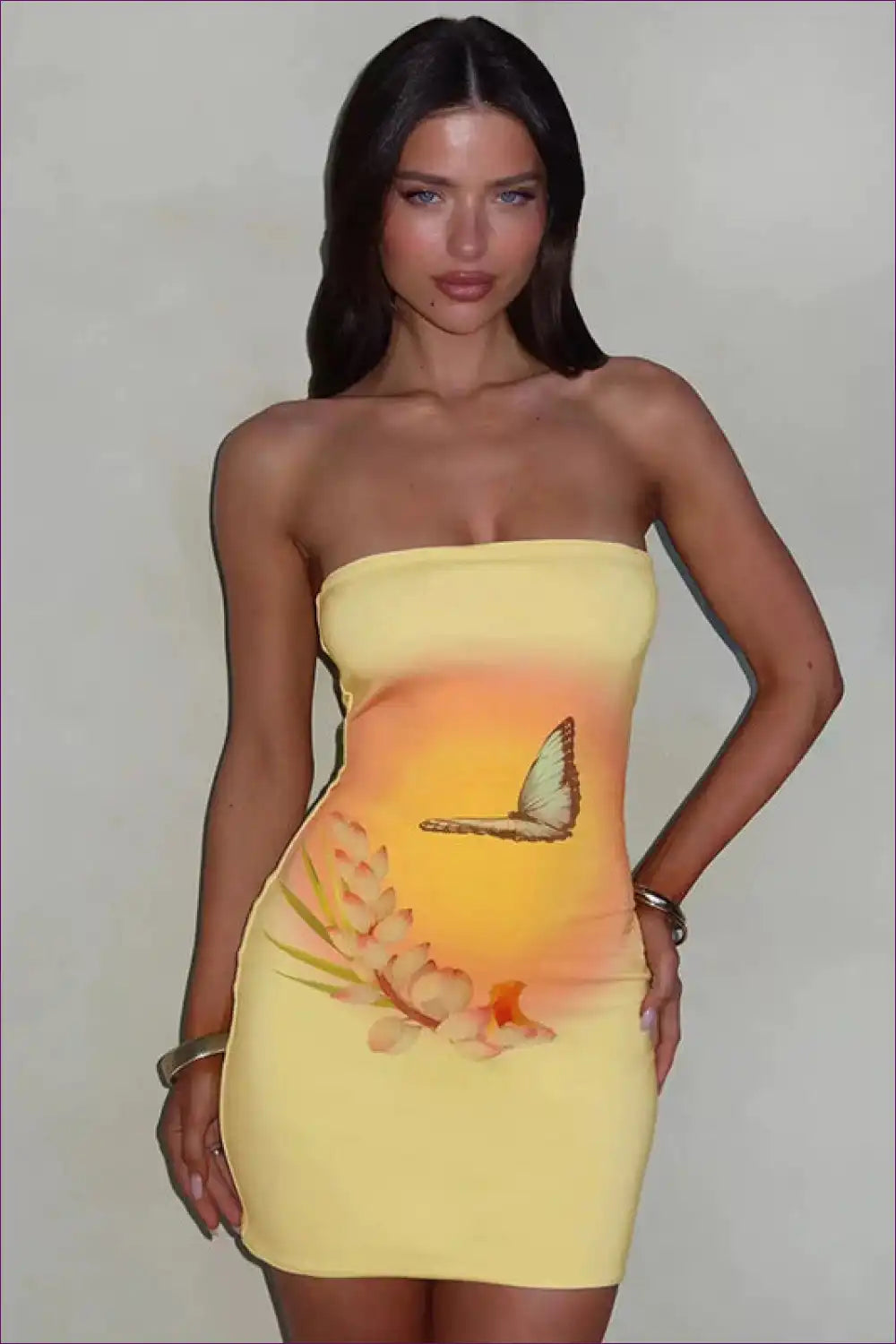 Bandeau Dress with Butterfly Print - Whimsical Wonder for Backless, Bodycon, Boho, Casual,