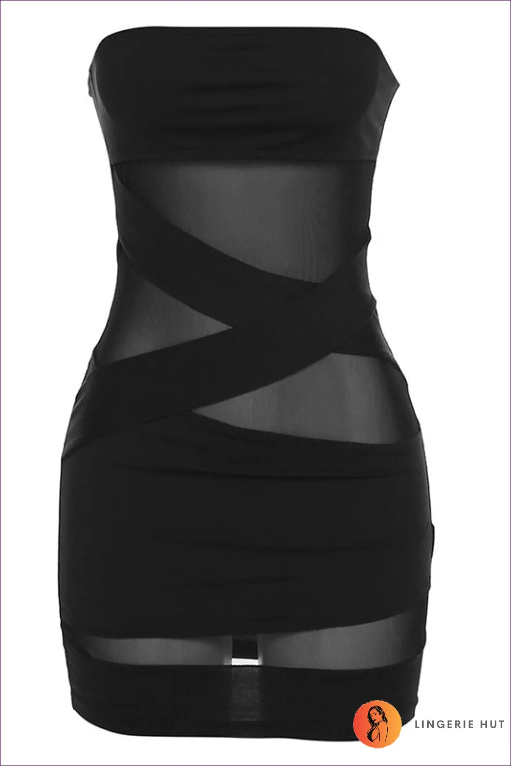 Get Ready To Shine Like a Star With Our Bandeau Sheer Wrap Mini Dress. Alluring Bandeau Neckline, Boning,