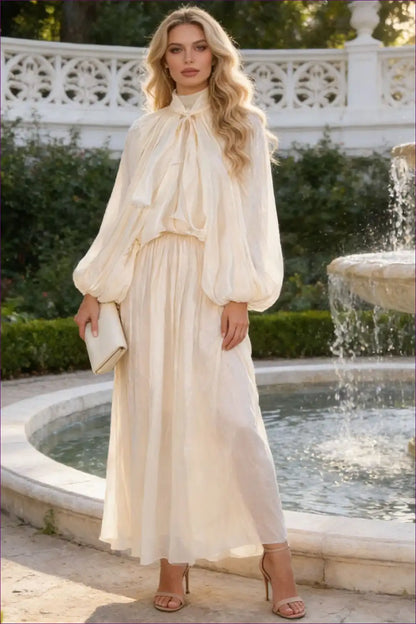 Batwing Sleeve Maxi Dress with Tie Neck - Garden Soirée Ready for Autumn, Bridal, Dresses, Everyday, Formal