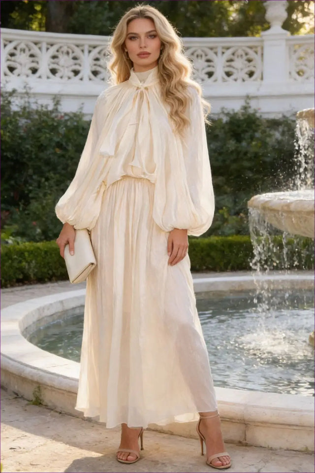 Batwing Sleeve Maxi Dress with Tie Neck - Garden Soirée Ready