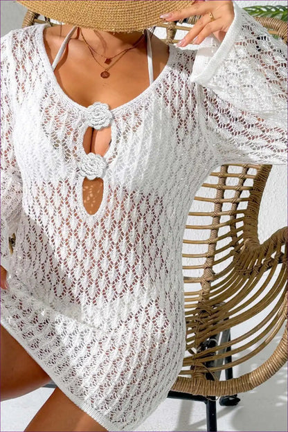 Beach Cover Up Dress with Crochet Cut-outs - Sunlit Getaway Mood for Beachwear, Boho, Up, Crochet, Cutout