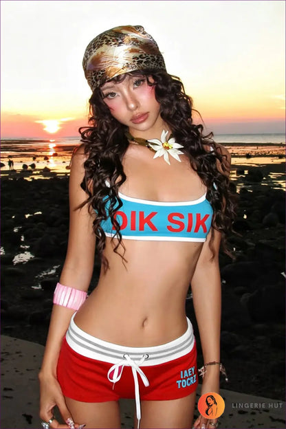 Beach Vacation Sexy Letters Printed Contrast Color Bikini Shorts Three Piece Sports Casual Set - Lingsharp