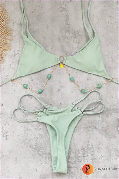 Beaded Chain Bikini with Cutout Cheeky Bottoms - Modern Beach Edge - s / Green - Swimwear - Beachwear • just in • Sexy