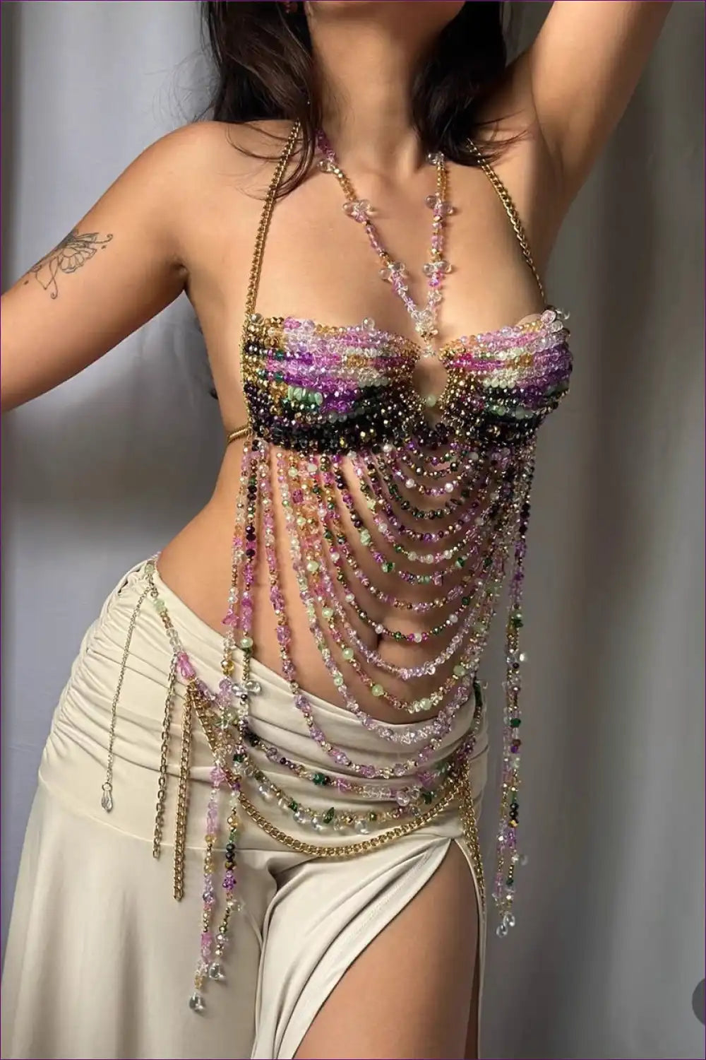 Beaded Chain Halter Bra Top and Skirt Set - Statement Glam for co Ord, Cutout, Glamour, Halter,