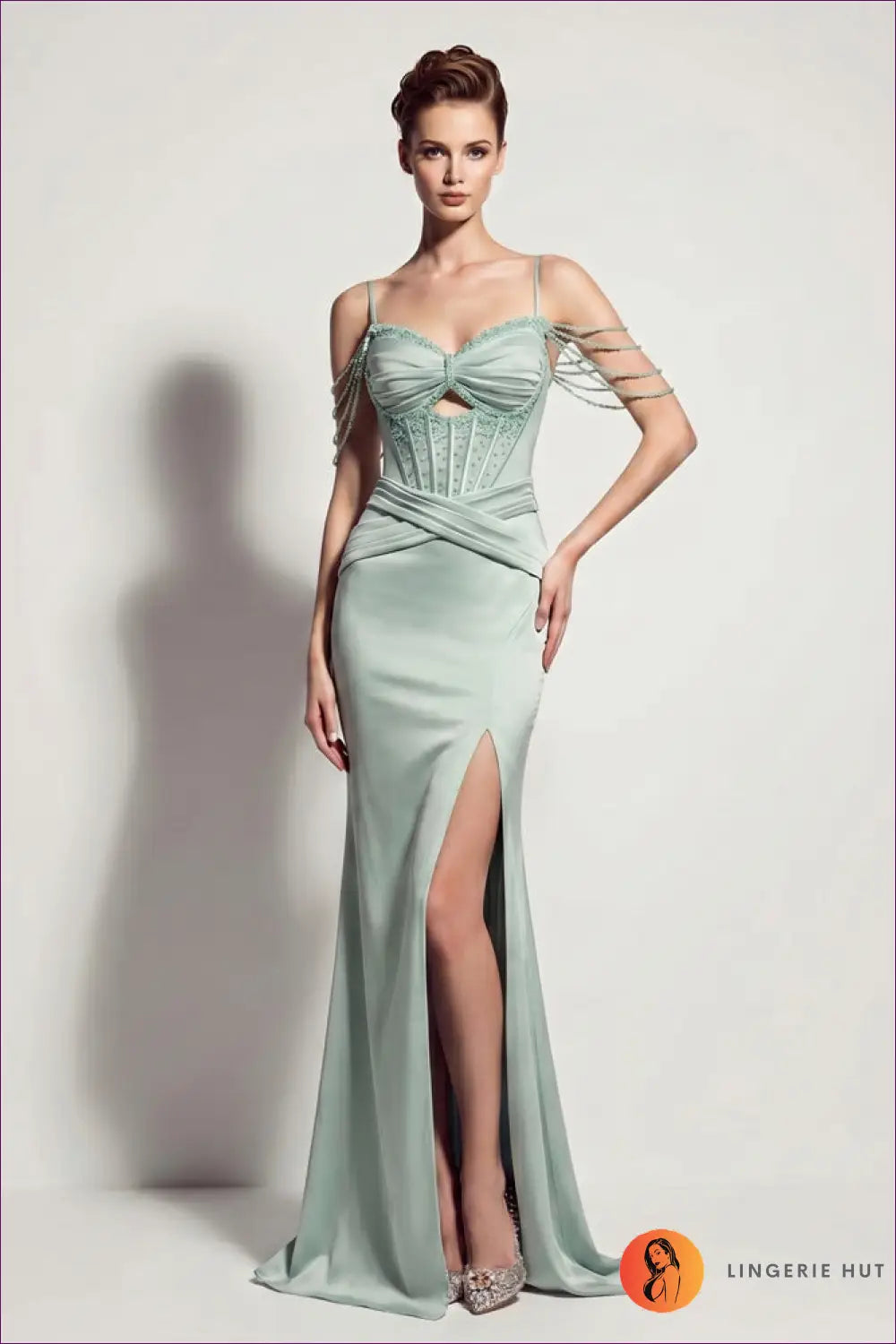 Beaded Corset Fishtail Maxi - Satin Slit Gown - s / Lake Green - Dress - Bodycon • Cutout • Elegant - Yenyu