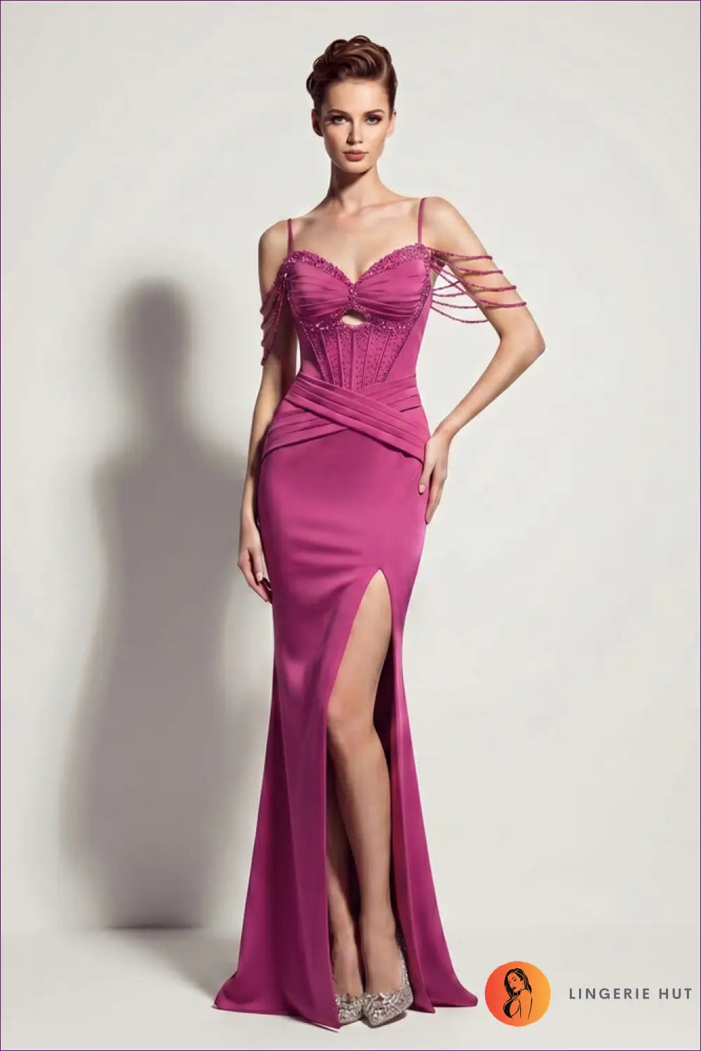 Beaded Corset Fishtail Maxi - Satin Slit Gown - s / Rose Red Purple - Dress - Bodycon • Cutout • Elegant - Yenyu