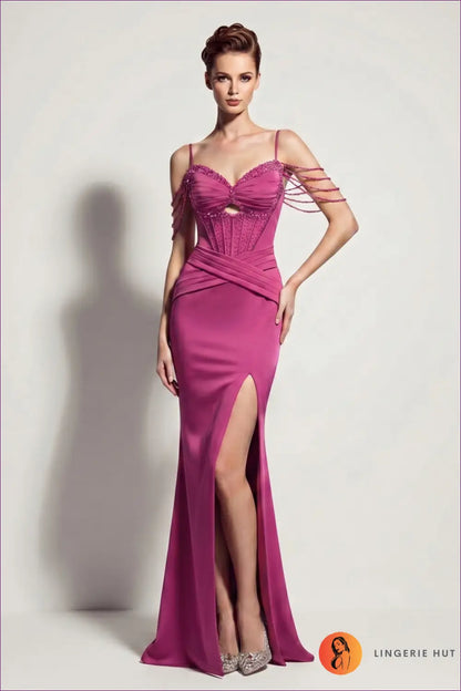 Beaded Corset Fishtail Maxi - Satin Slit Gown - s / Rose Red Purple - Dress - Bodycon • Cutout • Elegant - Yenyu