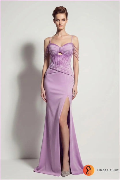 Beaded Corset Fishtail Maxi - Satin Slit Gown - s / Lavander - Dress - Bodycon • Cutout • Elegant - Yenyu
