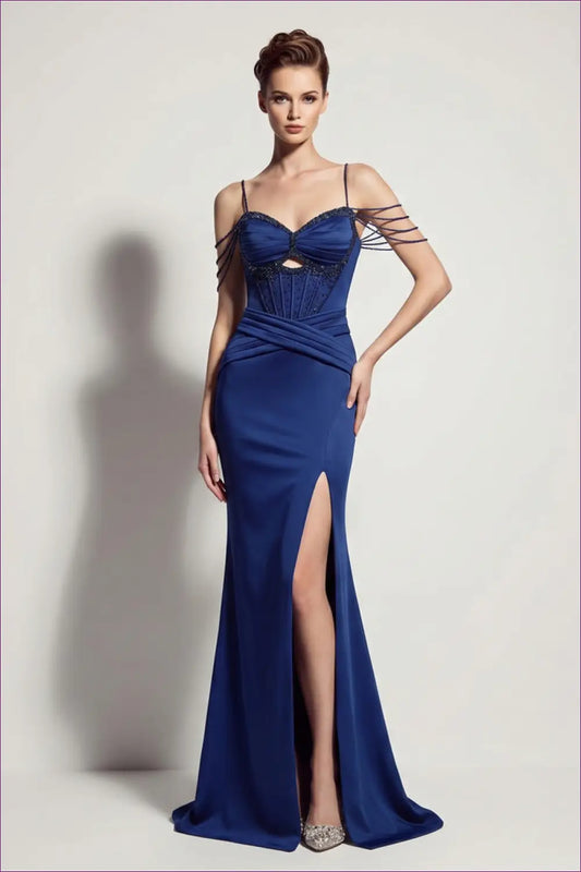 Beaded Corset Fishtail Maxi - Satin Slit Gown - Dress - Bodycon • Cutout • Elegant - Yenyu