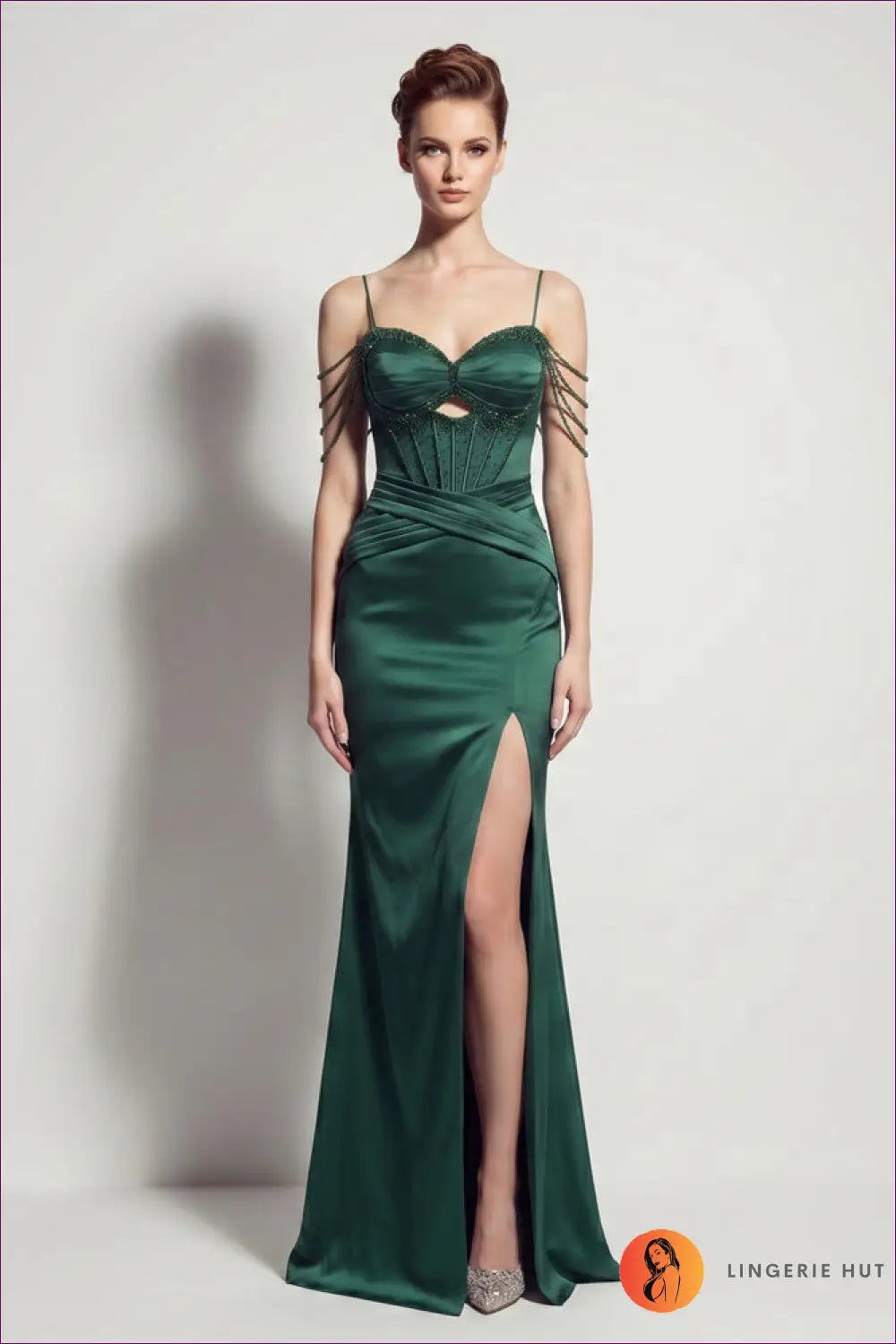 Beaded Corset Fishtail Maxi - Satin Slit Gown - s / Blackish Green - Dress - Bodycon • Cutout • Elegant - Yenyu