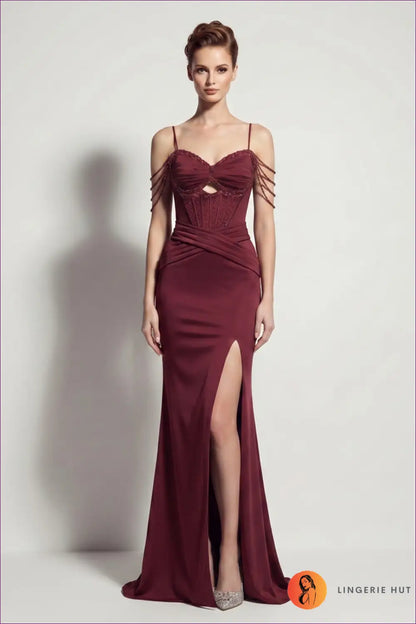 Beaded Corset Fishtail Maxi - Satin Slit Gown - s / Burgundy - Dress - Bodycon • Cutout • Elegant - Yenyu