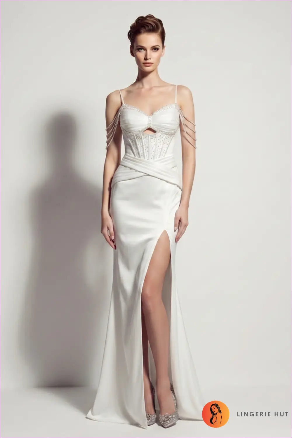 Beaded Corset Fishtail Maxi - Satin Slit Gown - s / White - Dress - Bodycon • Cutout • Elegant - Yenyu