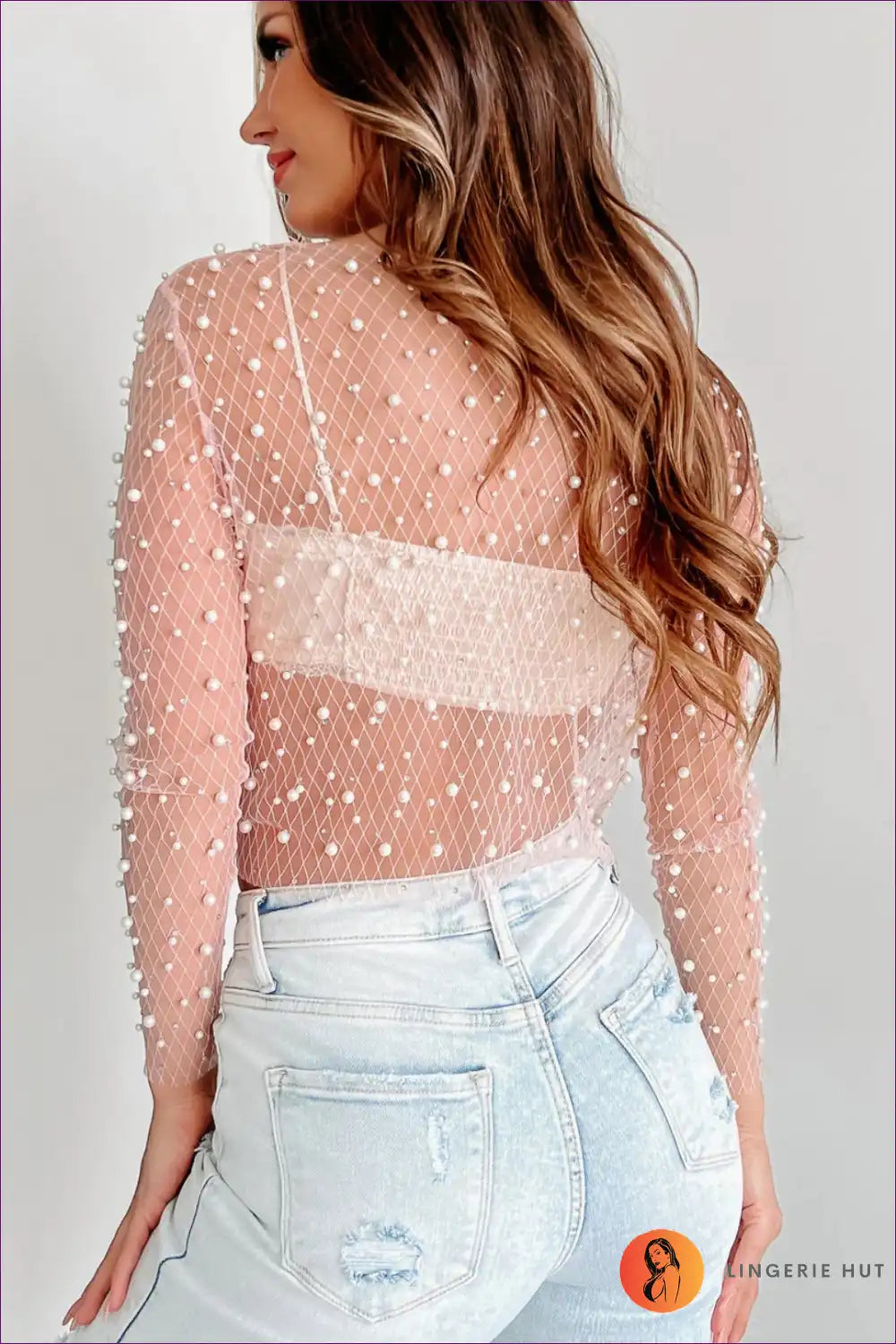 Elevate Your Seasonal Style With Our Beaded Mesh Lace Crop Top. Adorned Sequin Details And Long Sleeves, This