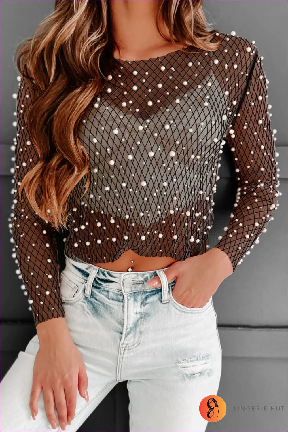 Elevate Your Seasonal Style With Our Beaded Mesh Lace Crop Top. Adorned Sequin Details And Long Sleeves, This