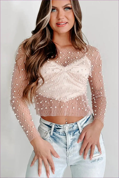 Elevate Your Seasonal Style With Our Beaded Mesh Lace Crop Top. Adorned Sequin Details And Long Sleeves, This