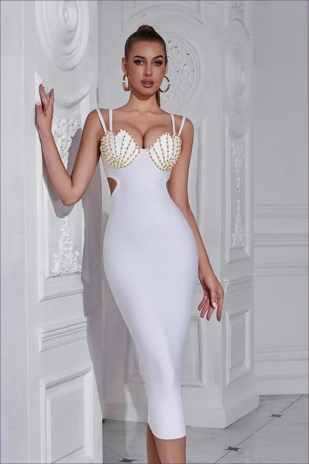 Beaded Cup Bodycon Midi Dress with Cutout - Statement Evenings for Bodycon, Cutout, Date Night, Evening Wear,