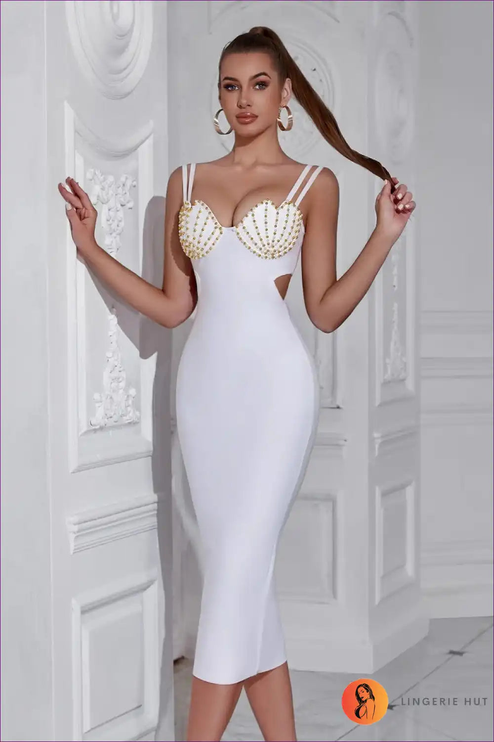 Beaded Cup Bodycon Midi Dress with Cutout - Statement Evenings for Bodycon, Cutout, Date Night, Evening Wear,