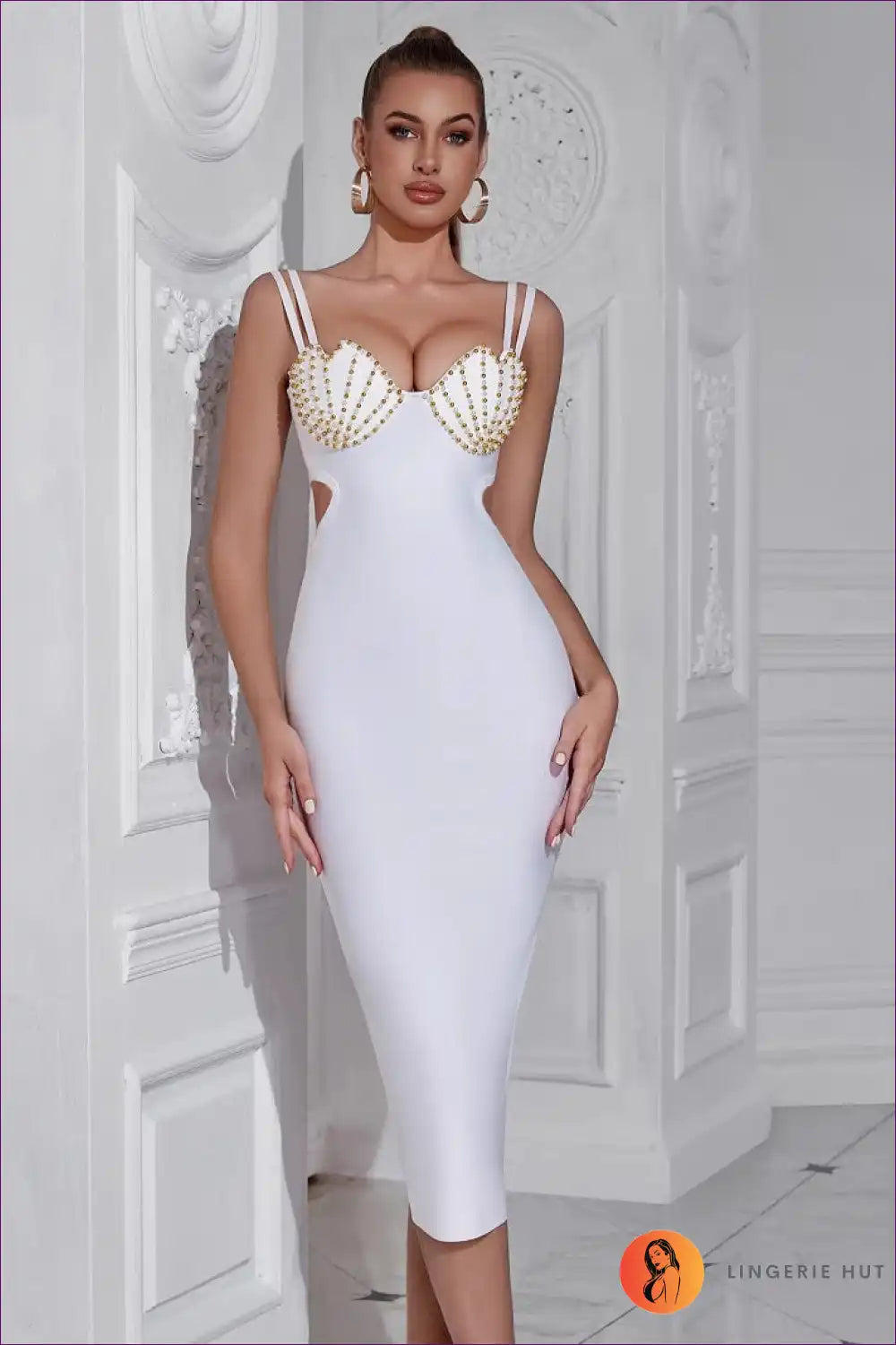 Beaded Cup Bodycon Midi Dress with Cutout - Statement Evenings for Bodycon, Cutout, Date Night, Evening Wear,