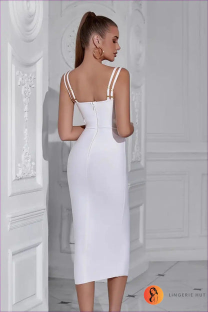 Beaded Cup Bodycon Midi Dress with Cutout - Statement Evenings for Bodycon, Cutout, Date Night, Evening Wear,