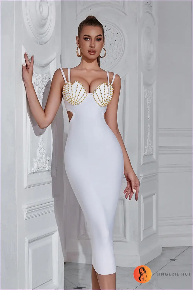 Beaded Cup Bodycon Midi Dress with Cutout - Statement Evenings