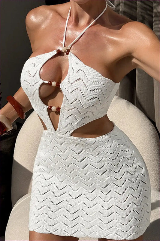 Beaded Cut-out Knit Mini Dress for Beach Nights - Boho Energy Beachwear, Boho, Cutout, Mini, Polyester