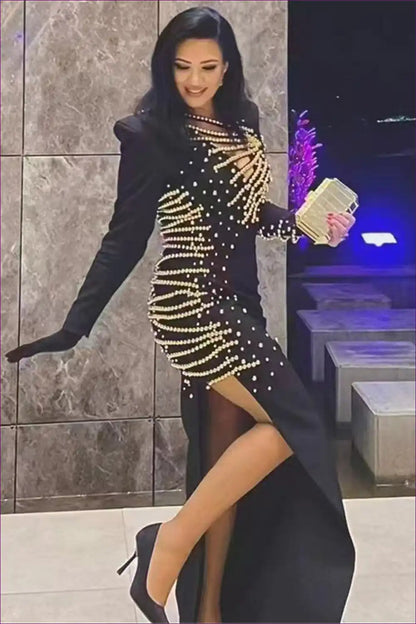 Beaded Cutout Maxi Dress with Long Sleeves - Luxe Night out for Bodycon, Cutout, Dresses, Evening Wear,
